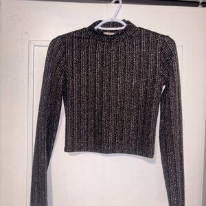 Black Glitter Ribbed Long Sleeve Mock Neck Crop Top